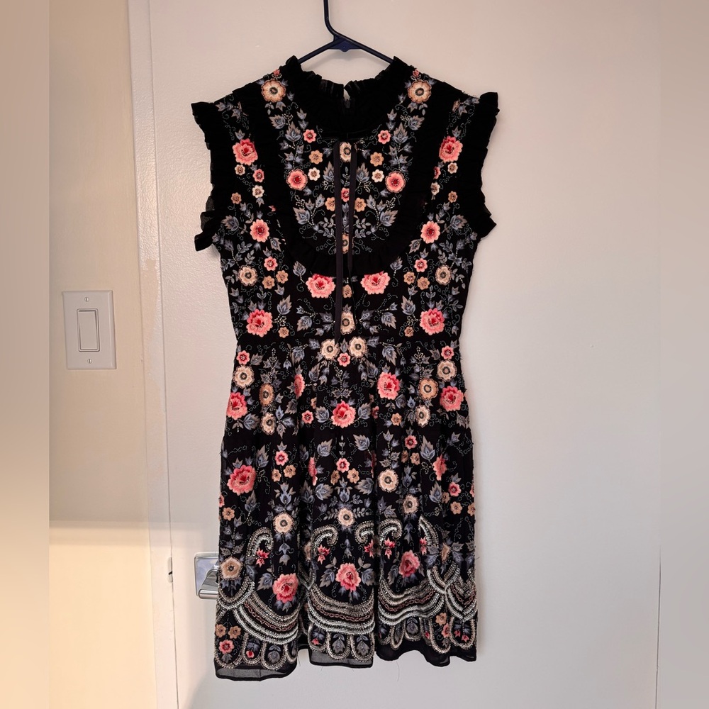 Needle & Thread Black Mini Dress with Pink, Blue and Cream Floral Embroidery